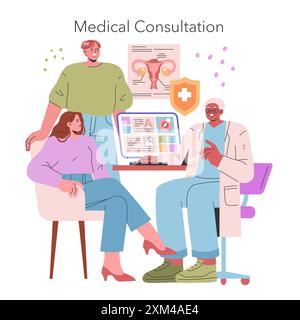Medical Consultation concept. Patients discuss health with a doctor, focusing on gynecology and treatment options. Fertility and wellness advice. Vector illustration. Stock Vector