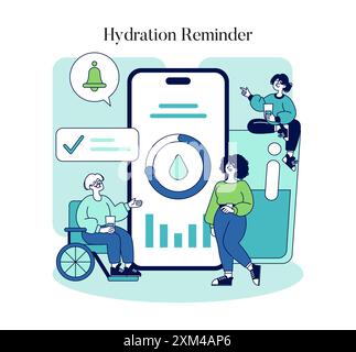 Hydration Reminder concept. Illustration of diverse individuals using a mobile app to track water intake for healthy living. Vector illustration. Stock Vector