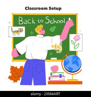 Back to School concept. A vibrant classroom setup with student readying the blackboard. Autumn leaves and educational elements. Vector illustration. Stock Vector