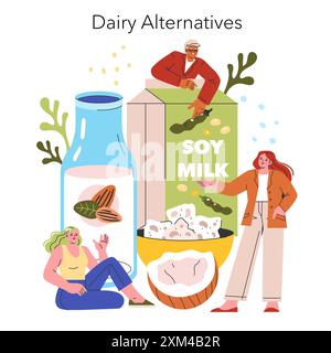 Dairy Alternatives concept. Illustration of soy and almond milk as plant-based substitutes. Individuals interacting with non-dairy products. Vector illustration. Stock Vector