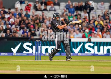 Old Trafford, Machester UK. Thursday 25th July, 2024. The Hundred: Manchester Originals Vs Welsh Fire at Emirates Old Trafford. Jamie Overton with a strike for four. Credit James Giblin. Stock Photo