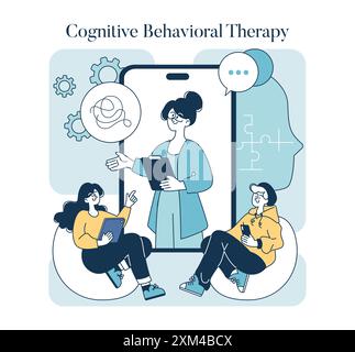 Cognitive Behavioral Therapy concept. Therapist guiding patients through mental health strategies via technology. Modern treatment approach. Vector illustration. Stock Vector
