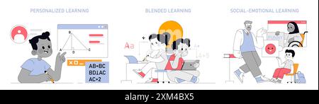 Modern education illustration showcasing personalized, blended, and social-emotional learning strategies. Diverse students engage with technology and interactive lessons. Vector illustration. Stock Vector