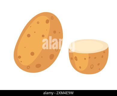 Whole and halved potato. Ripe food crop, natural organic vegetables. Potatoes tubers set. Flat vector illustration isolated on white background. Stock Vector