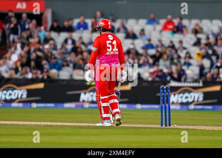 Old Trafford, Machester UK. Thursday 25th July, 2024. The Hundred: Manchester Originals Vs Welsh Fire at Emirates Old Trafford. Jonny Bairstow during the game Credit James Giblin. Stock Photo