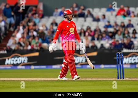 Old Trafford, Machester UK. Thursday 25th July, 2024. The Hundred: Manchester Originals Vs Welsh Fire at Emirates Old Trafford. Jonny Bairstow during the game. Credit James Giblin. Stock Photo