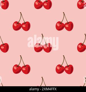Vector Seamless Pattern with Adorable Cherry Couple on Pink Background. Cute Cherries for Valentine s Day, Love, Romance Concept Stock Vector