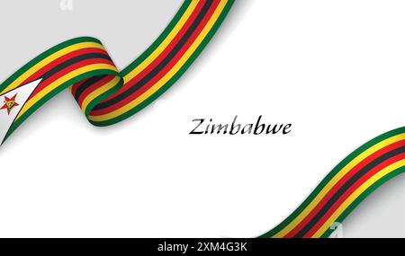 Curved ribbon with fllag of Zimbabwe on white background with copyspace Stock Vector