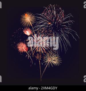 Composite of Fireworks Against Blue/Black Stock Photo