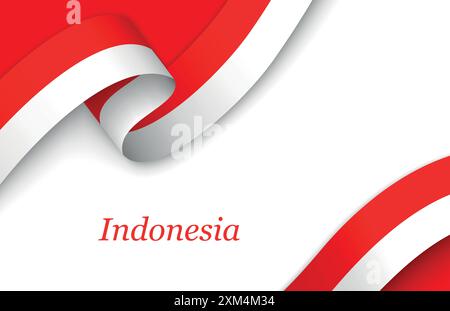 Curved ribbon with fllag of Indonesia on white background with copyspace Stock Vector