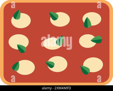 Square Pizza drawing in flat style, pizza with tomato sauce, mozzarella cheese and basil leaves in top view Stock Vector