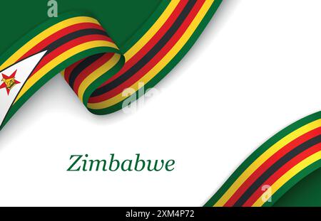 Curved ribbon with fllag of Zimbabwe on white background with copyspace Stock Vector