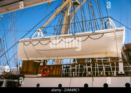 Lifeboat on sailing ship deck, clear blue sky background. Features include portholes and life ring. Ideal for emergency evacuation scenarios Stock Photo