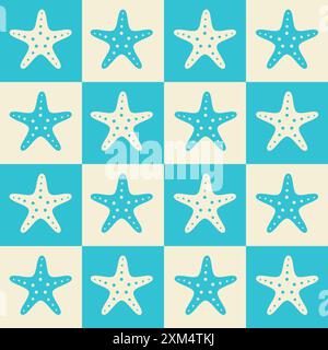 Checkered blue and white starfish seamless pattern. For summer print, wrapping paper, fabric and textile Stock Vector