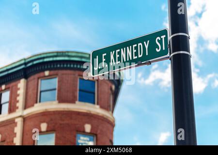 Close-up of  John F. Kennedy Street sign for JFK Street in Harvard Square in Cambridge Massachusetts, USA. Stock Photo