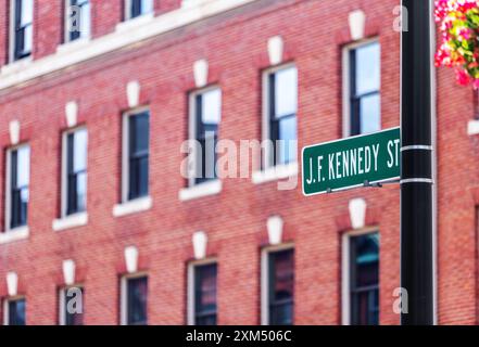 Close-up of  John F. Kennedy Street sign for JFK Street in Harvard Square in Cambridge Massachusetts, USA. Stock Photo