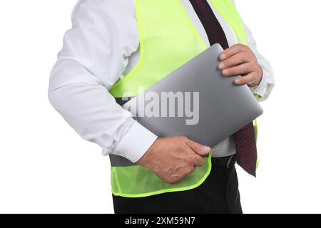Engineer with laptop on white background, closeup Stock Photo