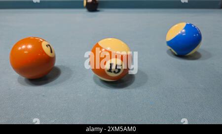 Close up of Pool balls on gray table sport game set known as eight ball pool, six pockets, cue sports. Stock Photo