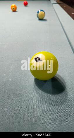 Close up of Pool balls on gray table sport game set known as eight ball pool, six pockets, cue sports. Stock Photo