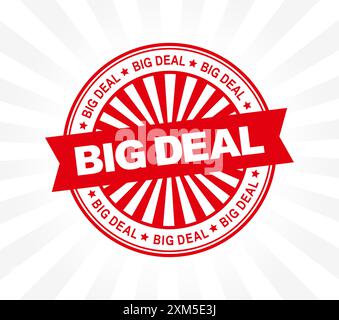 Big deal circular red stamp frame with retro starburst. Grunge rubber stamp textured stamp isolated on white background. Vector Stock Vector