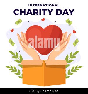 international charity day with hands appears from the box Stock Vector
