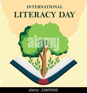 international literacy day with tree grow up from the book illustration Stock Vector