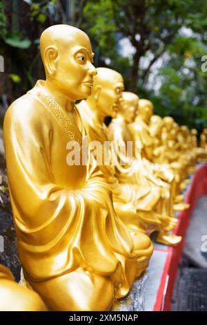 Golden Buddha statues along the stairs leading to the Ten Thousa Stock Photo