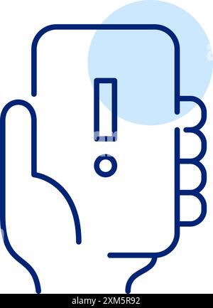 Hand holding phone and exclamation mark. Emergency alert, urgent message notification. Pixel perfect, editable stroke icon Stock Vector