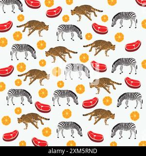 cute cheetah, zebra with meat and fruit as a pattern background Stock Vector