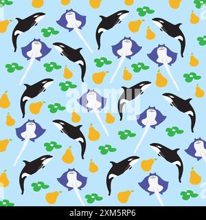 cute orca, stingray with fruit and leaf as a pattern background Stock Vector