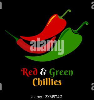 Red and Green fresh Chilli peppers, chilli realistic design, isolated on black background, Chilli pepper vector illustration logo icon clip art Stock Vector