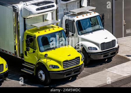 Middle duty Industrial standard white and yellow day cab rig semi trucks with box trailers for local deliveries and small business needs standing on t Stock Photo