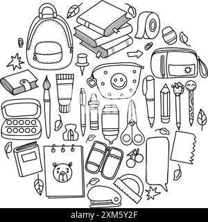 Back to school doodles. Outline drawing stationery and art supplies. Accessories for study, student equipment, hobby items. Isolated vector scribbles Stock Vector