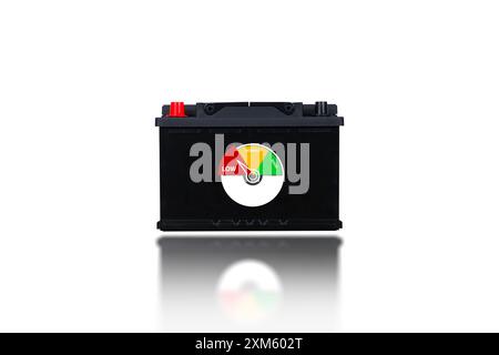 Car battery isolated on white background with a low battery health indicator , Car battery performance concept Stock Photo