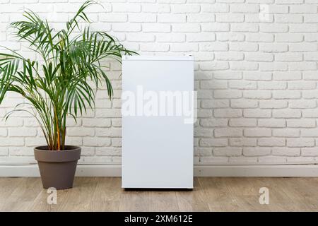 White Refrigerator Against Brick Wall With Palm Plant In Pot Stock Photo