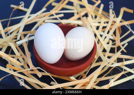 Two white free-range chickens are placed in a wooden bowl and wood chips in close view. Stock Photo