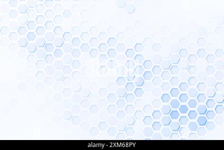 Light blue 3d hexagon grid pattern on white. Technology, connection and data concept. Full frame abstract and modern background with copy space. Stock Photo