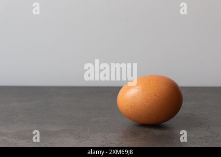 Brown single large egg over grey table on white background. Stock Photo