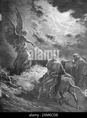 Wood Engraving of the Angel Appearing to Balam Numbers 22:23 Balaam Sees the Angel of the Lord and Bows Down at his Feet after Beating His Donkey For Stock Photo