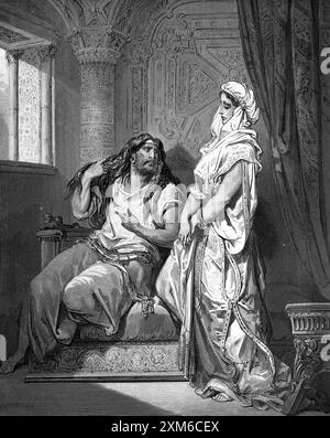 Wood Engraving of Samson and Delilah (Judges 17:17) Delilah Tricking Samson into telling her where he gets his Strength from by Gustave Dore from Anti Stock Photo