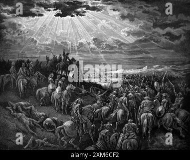 Wood Engraving of Joshua Commanding the Sun to Stand Still by Gustave Dore Joshua 10:13  - At Gibeon Joshua urges God to Stop the Sun moving to give h Stock Photo