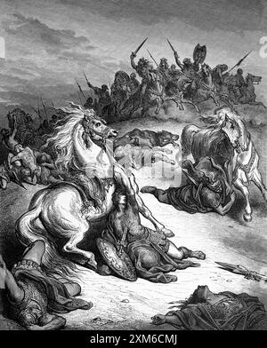 Wood Engraving of the Death of Saul by Gustave Dore 1 Samuel 31:5-6 in the Battle against the Philistines King Saul was wounded and as not to be captu Stock Photo