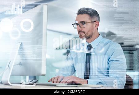 Computer, coding and businessman with overlay in office for IT, research or machine learning. Planning, work and mature programmer with tech by desk Stock Photo