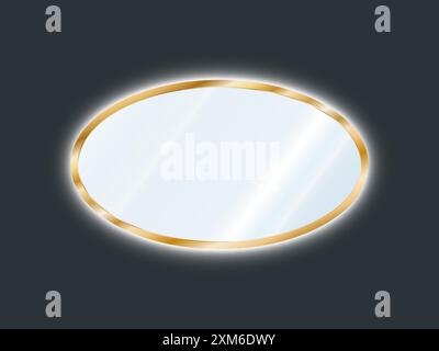 Realistic oval mirror in a gold frame with LED lighting. 3D vector illustration isolated on dark background. Stock Vector