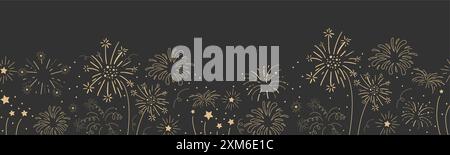 Fireworks festive explosion golden bursts, sparks in doodle style seamless pattern border. Holiday celebration decoration on dark background. Vector illustration Stock Vector