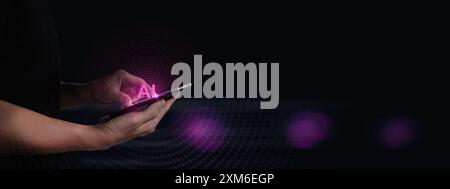 person using a digital tablet with a glowing "AI" symbol emanating from the screen, highlighting the concept of artificial intelligence and technology Stock Photo