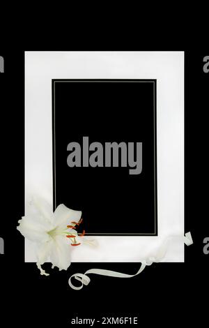 In deepest sympathy lily flower memorial card. White lily flower, ribbon and frame on black background. Minimal remembrance RIP design for funeral. Stock Photo