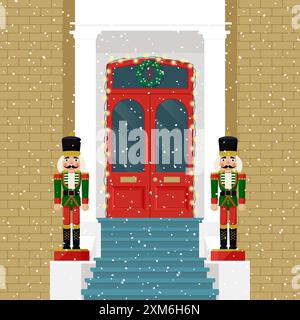 Christmas Front wooden door with Christmas Nutcracker toys soldier, wreath and snow. Vector illustration in flat style Stock Vector