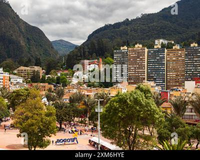 Bogota, Colombia - Dec, 2022:  Parque de Los Periodistas -Journalists' Park in Bogota and view on the Monserrate Hill. La Candelaria district of Bogot Stock Photo