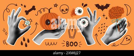 Halloween collage banner template for media design. Spooky modern cut out elements and doodles. Trendy pop art vector Stock Vector
